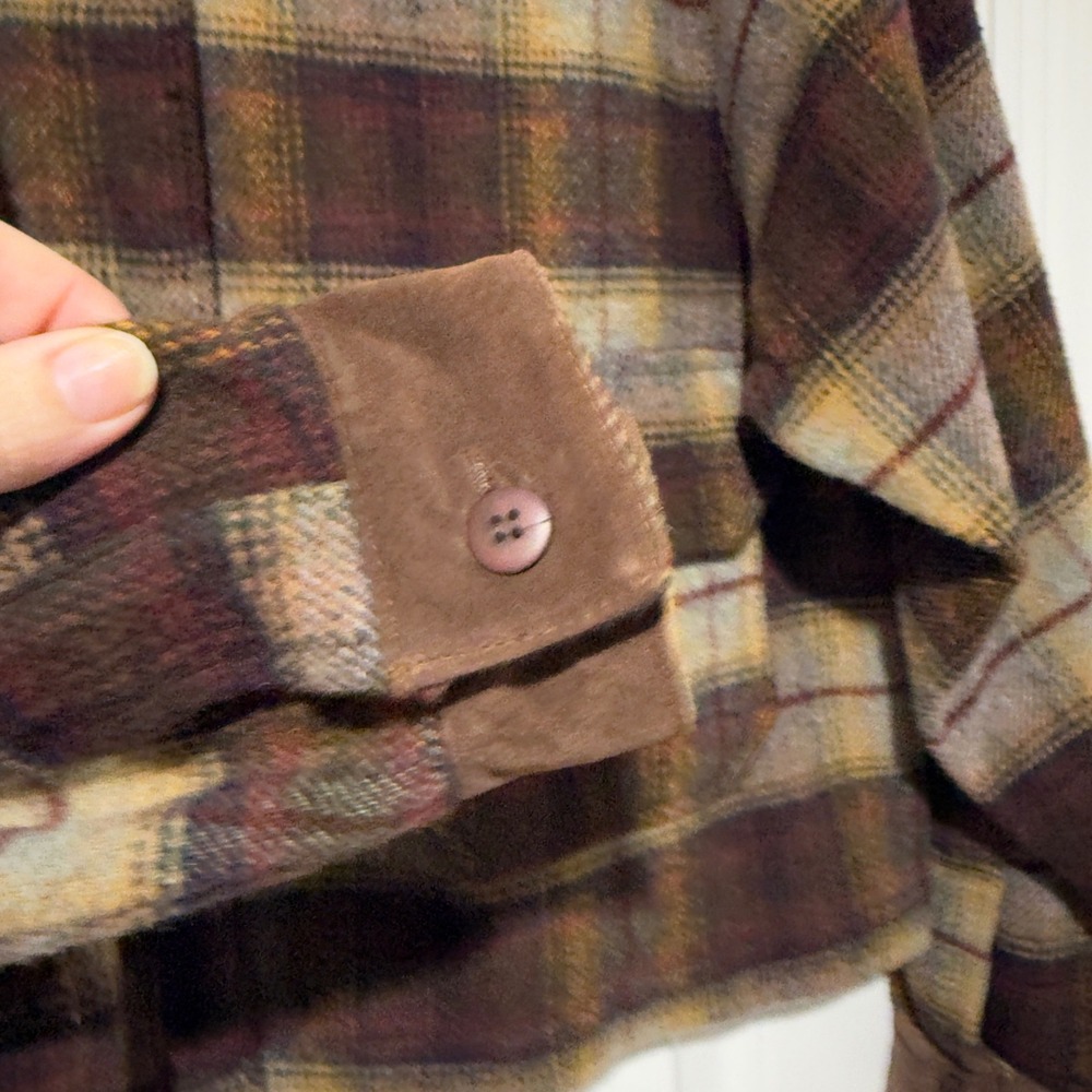 New York Style Plaid Jacket Womens M Brown Suede Collar Button‎ Front Cropped - Picture 5 of 7